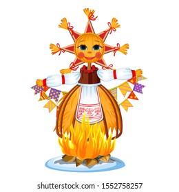 An effigy of Maslenitsa in ethnic attire with a head in the form of the sun, made of straw isolated on a white background. Vector cartoon close-up illustration