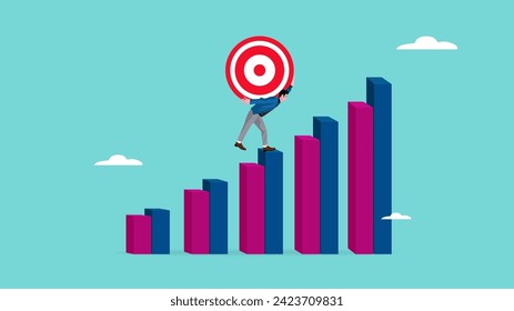 effort to achieve business goal or target, with the concept of business people climbing the growth graph while carrying a target board, struggle in achieving career success