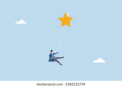 Effort to achieve goal, strong businessman rope climbing full effort to reach the star