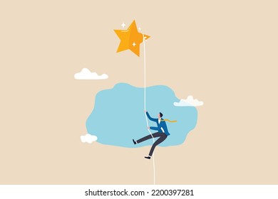 Effort to achieve goal or success, courage or risk taking to win business or career growth, reaching goal or finish mission concept, strong businessman rope climbing full effort to reach the star.