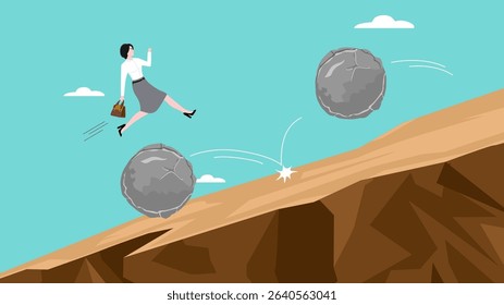 effort or adversity for business growth, overcome obstacle on business growth for career success, leadership skill concept, businesswoman jump over falling boulder to climb up hill of success
