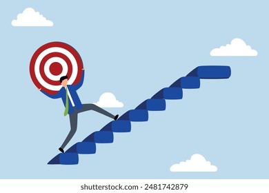 Effort and ambition to reach goal, strong businessman carrying big target on his shoulder going up the stairs.