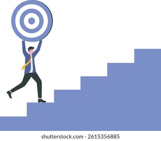 Effort and ambition to reach goal or target, challenge to win higher target, business mission or career concept, strong businessman carry big target on his shoulder walking up the stairs.

