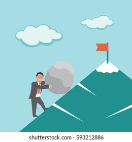 Effort. Bisinessman rolling stone up the hill. Concept business vector illustration.