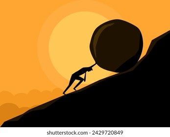 Effort. businessman strives to push a rock to the top of a mountain vecor