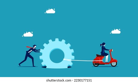 Effort and determination. Businessman helping to remove the gear from the hole