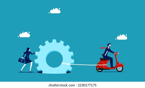  Effort and determination. Businessman helping to remove the gear from the hole