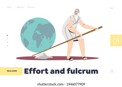 Effort and fulcrum concept of landing page with ancient man holding lever trying to lift earth stone. Cartoon male lifting stone with efforts applying force and balance. Flat vector illustration