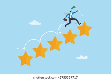Effort to gain reputation, performance or quality feedback, review rating or quality survey measurement, excellent vote winner, appraisal or assessment, businessman jumping up 5 stars ranking.