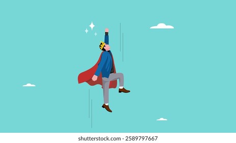 effort to growth or success in business, skill development to achieve goal and target, businessman superhero flying up concept illustration