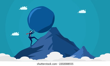 Effort and hard work. businessman pushing a stone to the top of the mountain