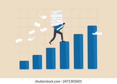 Effort or hard work to success, work burden or heavy pressure weight, challenge to climb career ladder, motivation or efficiency concept, businessman carry heavy document paper step on growth graph.