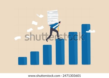 Effort or hard work to success, work burden or heavy pressure weight, challenge to climb career ladder, motivation or efficiency concept, businessman carry heavy document paper step on growth graph.