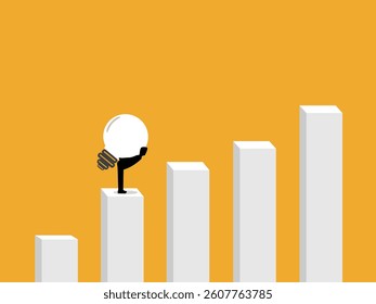 Effort, knowledge progress, businessman carrying a light bulb up a growth bar graph