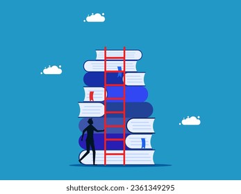 Effort to learn for success. Businessman climbs up stack of books with stairs 