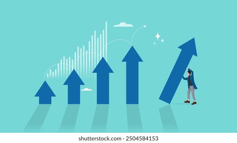 effort to reach business growth, business success or increase performance, career growth or effort to succeed concept, improvement or growing business, businessman build growth graph chart