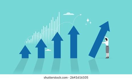 effort to reach business growth, business success or increase performance, career growth or effort to succeed concept, improvement or growing business, business woman build growth graph chart
