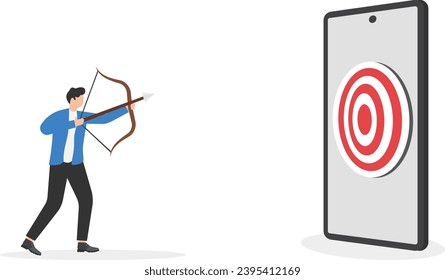 Effort to reach online business target, digital marketing strategy to increase more customers, entrepreneurship concept. Businessman aiming arrow to hit at target coming out of mobile screen.

 - Shutterstock ID 2395412169