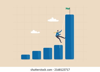 Effort to reach target or achieve success goal, ambition or determination to grow and reaching goal, courage and growth concept, ambitious businessman climb up chart and graph to the top of high bar.