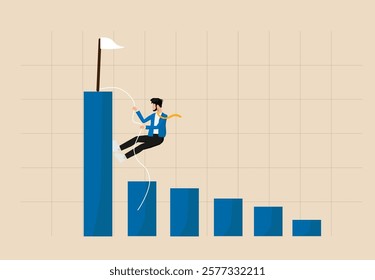 Effort to reach target or achieve success goal, courage and growth concept, ambitious businessman climb up chart and 
graph to the top of high bar, ambition or determination to grow and reaching goal.