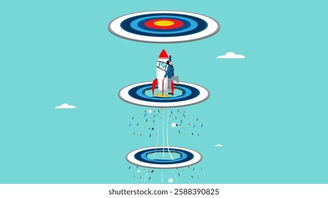 effort to reach target or business success, power or aspiration to success, strength or spirit, creativity or innovation, businessman using rocket flying breakthrough target bullseyes