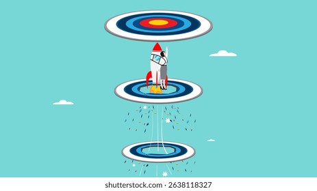 effort to reach target or business success, power or aspiration to success, strength or spirit, creativity or innovation, businesswoman using rocket flying breakthrough target bullseyes
