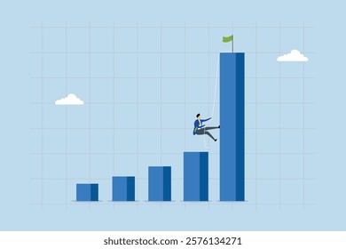 Effort to reach target, determined entrepreneur ascends chart and graph to reach the peak of tall bar. 