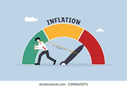 Effort to reduce inflation rate, fighting against financial crisis, stabilizing economy concept, Businessman trying to pull pointer of inflation rate gauge to normal level.