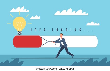 Effort, slow progress of idea. Achieving the goal. Businessman pushes load line. Light bulb sign, difficult implementation innovation. Vector cartoon flat isolated business concept