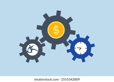 Effort and time to make money, entrepreneur sprinting intensely within gear mechanisms to rotate time and currency wheels. 