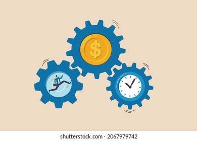 Effort And Time To Make Money, Success Long Term Investment, Deadline Effect To Make People Finish Work Concept, Businessman Running With Full Effort Inside Gear Cogs To Spin Time And Money Gears.