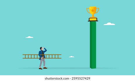 effort to win success, succeed performance or business victory, strategy or method to achieve goals, businessman carrying a ladder preparing to winning business trophy