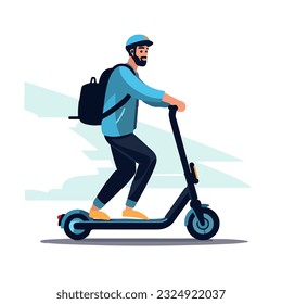 Effortless city commuting: A man rides an electric scooter, embracing eco-friendly travel. Experience urban mobility with this vibrant vector