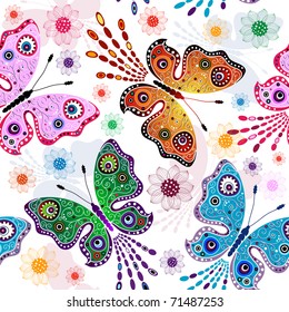 Impresionante estampado floral con mariposas y flores brillantes (vector)