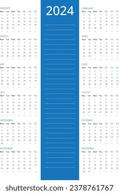 Effortless Planning for 2024! Vertical Blue Calendar, Monday Start | Vector Template for Streamlined New Year Plans. Simple, Professional Design in 3 Columns - Perfect Yearly Organizer!