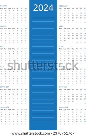 Effortless Planning for 2024! Vertical Blue Calendar, Monday Start | Vector Template for Streamlined New Year Plans. Simple, Professional Design in 3 Columns - Perfect Yearly Organizer!