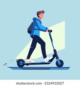 Effortless urban mobility: Witness the freedom and convenience as a man confidently cruises through the city on his electric scooter. Embrace the future of transportation with this dynamic vector illu