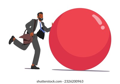 Effortlessly Commanding, Businessman Character Skillfully Pushes A Massive Ball Figure, Symbolizing Ability To Navigate Challenges And Overcome Obstacles With Ease. Cartoon People Vector Illustration