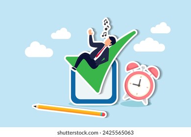 Effortlessly meeting deadlines, enhancing efficiency and productivity, ticking off tasks, completing checklists with ease  concept, businessman relax sleep on complete checkbox with alarm clock.