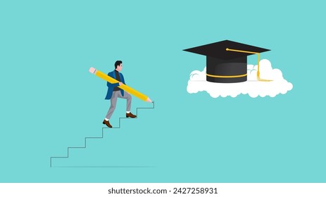 efforts to achieve higher education, cost to graduate high degree education, man uses a pencil to make a ladder leading to the graduation cap so he can achieve high education vector illustration