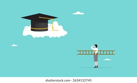 esforços para alcançar a educação superior, custo para pós-graduação de ensino superior, a mulher usa escada para subir o teto de graduação em nuvens para que ele possa alcançar o conceito de alta educação ilustração vetorial