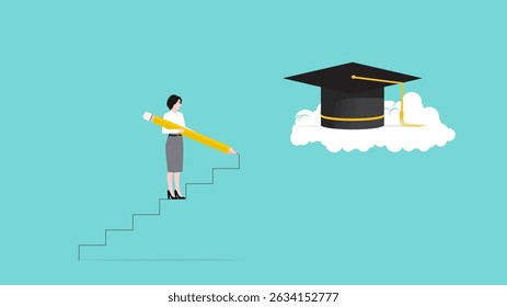 esforços para alcançar o ensino superior, custo para formar o ensino superior, a mulher usa um lápis para fazer uma escada que leva ao teto de graduação para que ele possa alcançar a ilustração vetorial do ensino superior