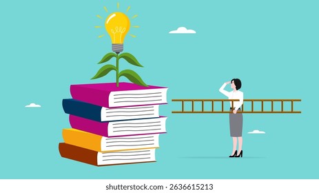 efforts to achieve higher education, cost to graduate high degree education, businesswoman with ladder preparing to climb book and education light bulb plant concept vector illustration