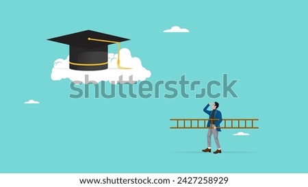 efforts to achieve higher education, cost to graduate high degree education, man uses ladder to climb graduation cap on clouds so he can achieve high education concept vector illustration