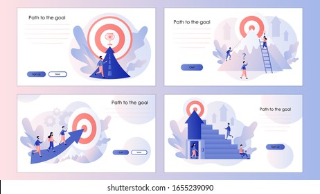 Efforts to achieve target. Businessmen running towards the goal. Screen template for mobile smart phone, landing page, template, ui, web, mobile app, poster, banner. Modern flat cartoon style. Vector