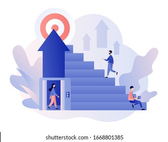 Efforts to achieve target. The metaphor different ways to achieve the goal. Tiny people choose a ladder or an elevator to success. Modern flat cartoon style. Vector illustration on white background
