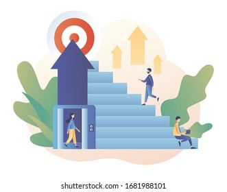 Efforts to achieve target. The metaphor different ways to achieve the goal. Tiny people choose a ladder or an elevator to success. Modern flat cartoon style. Vector illustration on white background