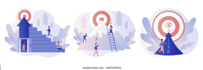 Efforts to achieve target. Perseverance, Challenge, Career and personal growth. Tiny people businessmen running towards the goal. Modern flat cartoon style. Vector illustration on white background