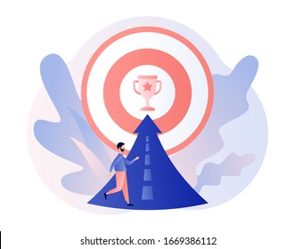 Efforts to achieve target. Perseverance, Challenge, Career and personal growth. Tiny people businessmen running towards the goal. Modern flat cartoon style. Vector illustration on white background