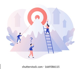 Efforts to achieve target. Perseverance, Challenge, Career and personal growth. Tiny people businessmen. Modern flat cartoon style. Vector illustration on white background